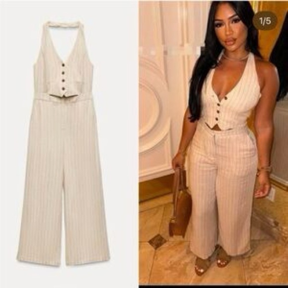 Zara Brown Pinstripe Jumpsuit Sz S